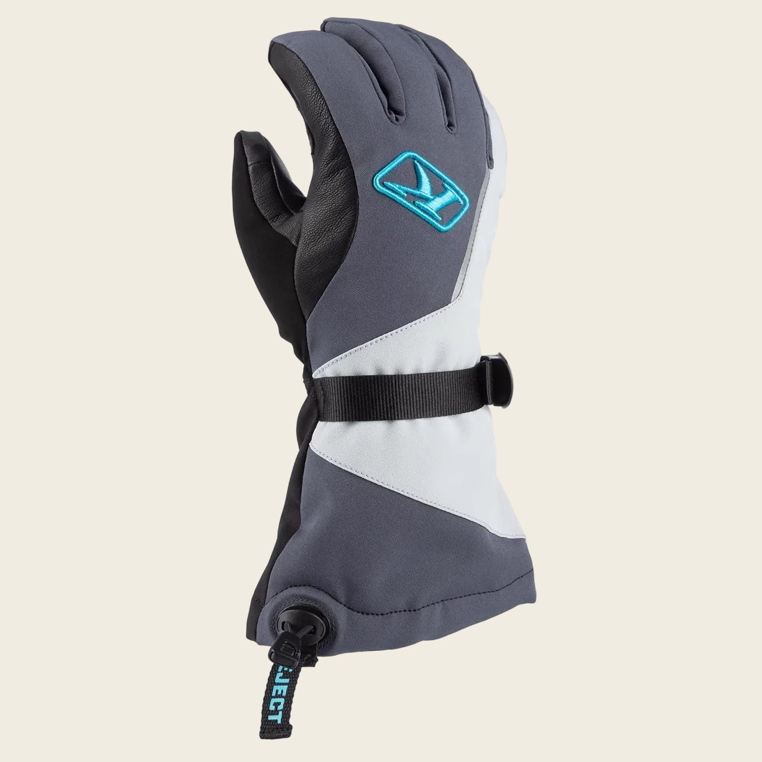 Gray and black glove with a brand logo on a white background