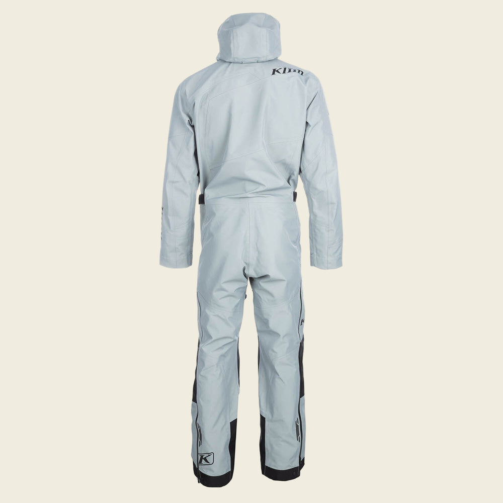 Gray waterproof suit with Klim logo on a white background