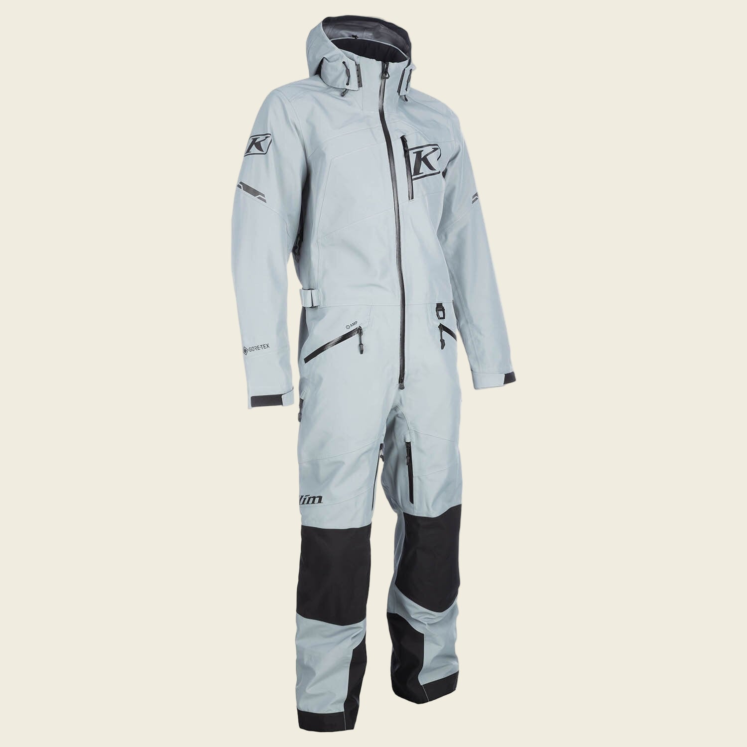 Gray and black one-piece suit with a brand logo on a white background