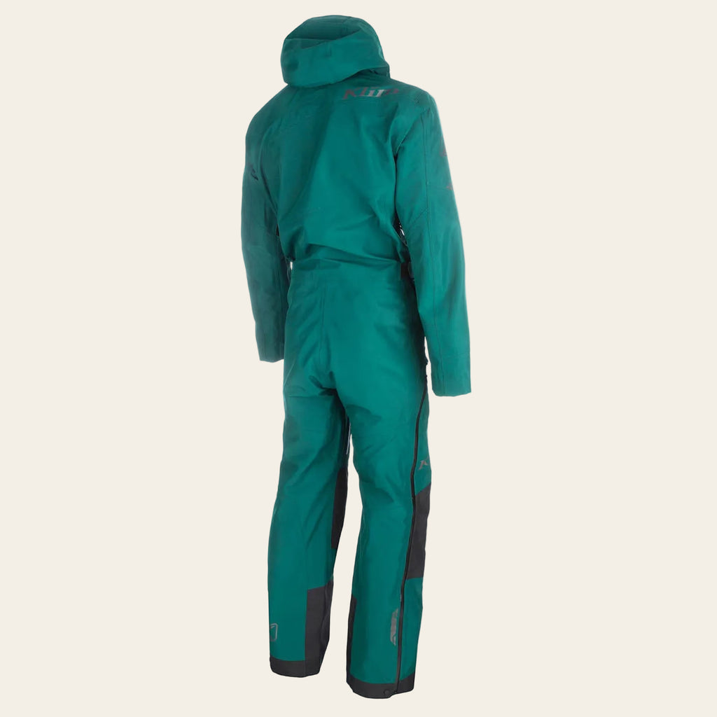 A teal green hooded one-piece snowsuit shown from the back, featuring dark gray paneling on the legs and a small logo on the upper back, set against a plain white background.