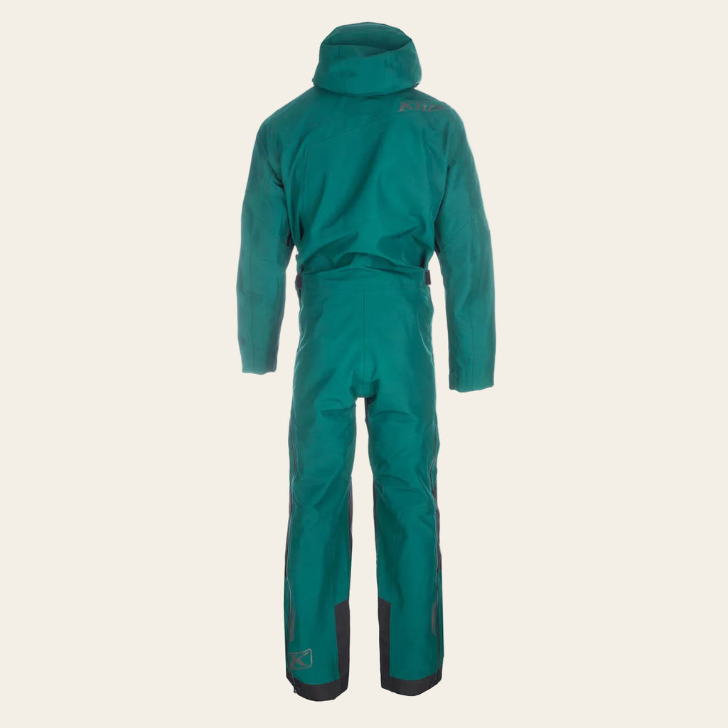 A teal green hooded one-piece snowsuit shown from the back on a plain white background.