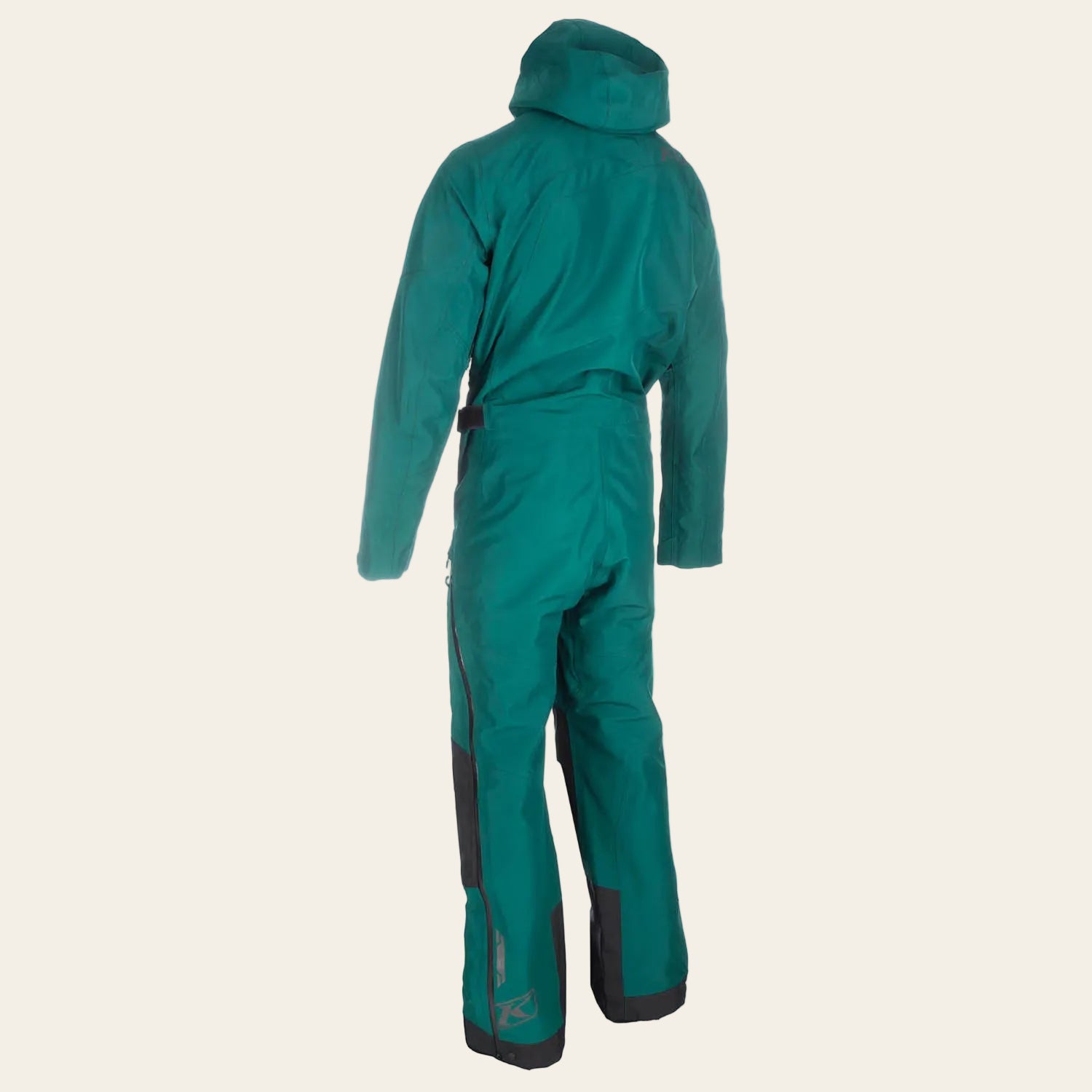 A teal green hooded snowsuit shown from the back, featuring dark gray protective panels on the lower legs and cuffs, set against a plain white background.