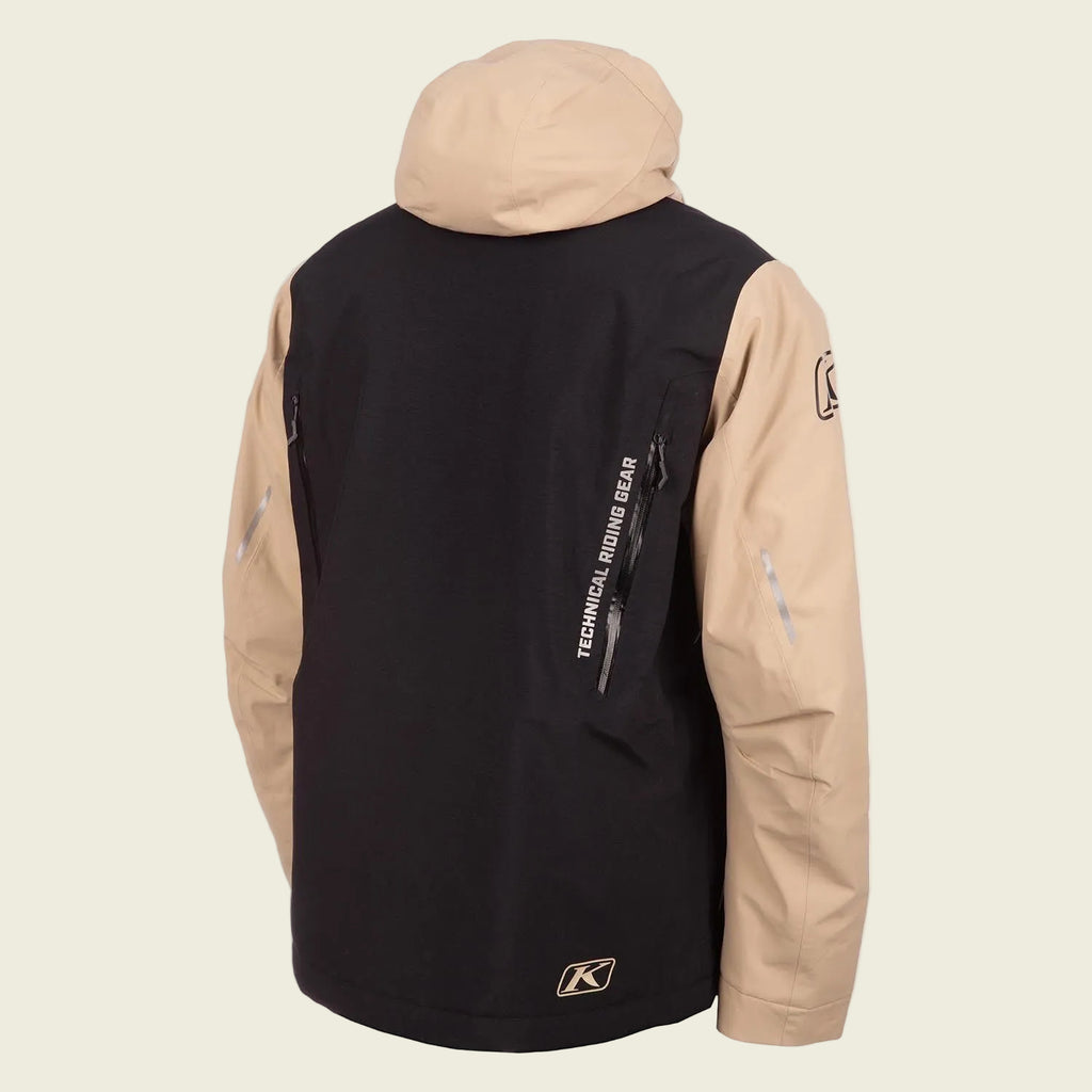 Black and beige jacket with a hood on a white background