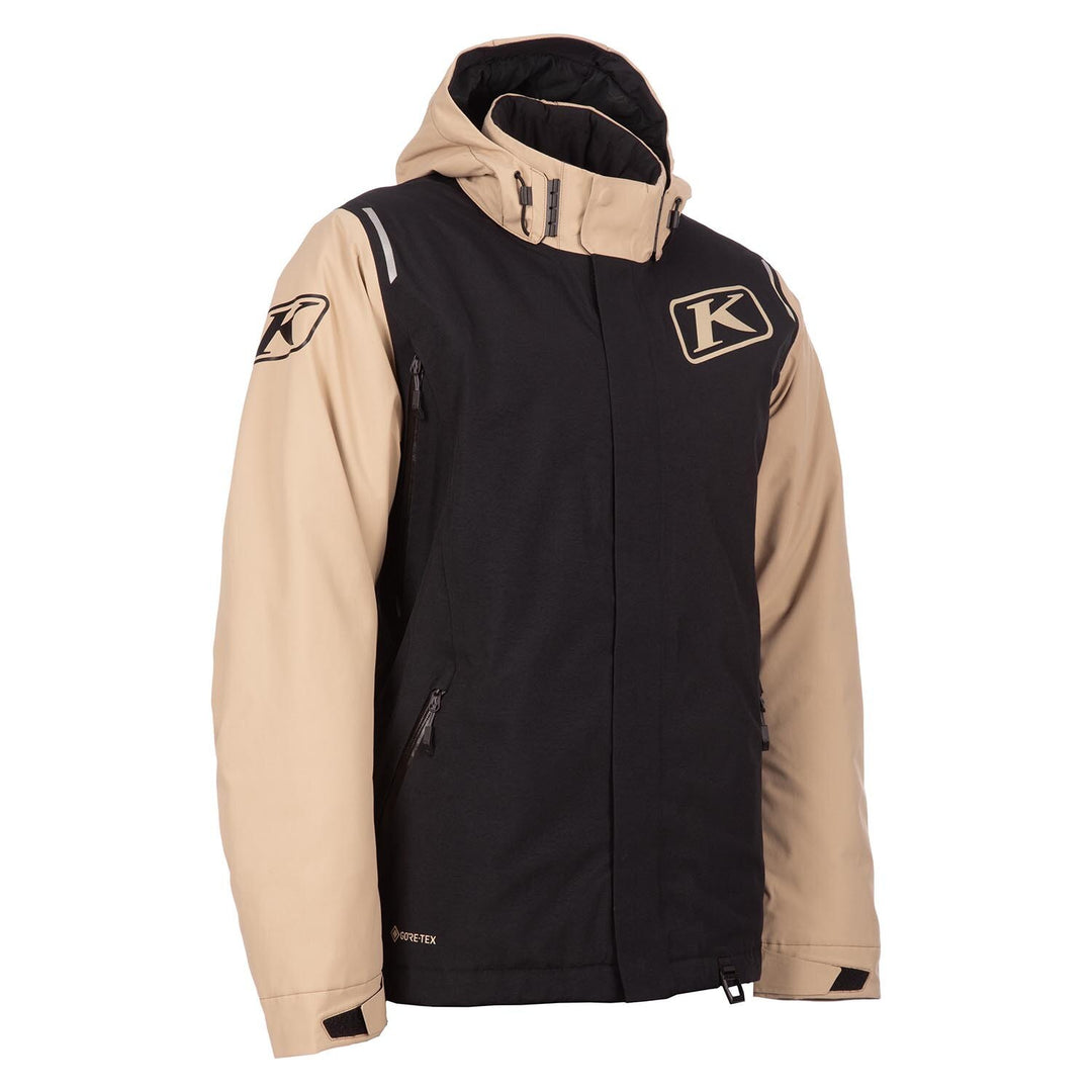 Black and beige jacket with a brand logo on a white background