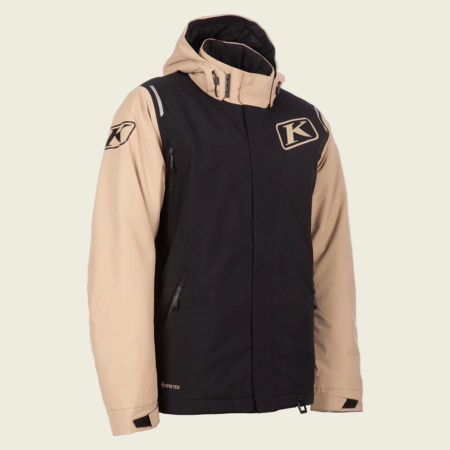 Black and beige jacket with a brand logo on a white background