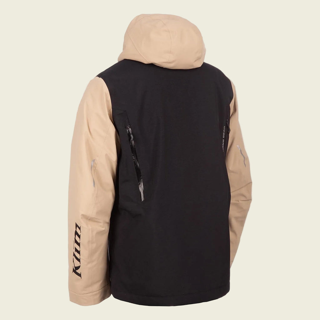 Black and beige jacket with 'Klim' branding on a white background