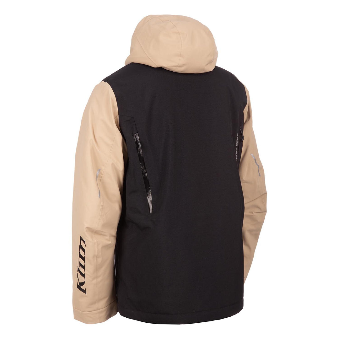 Black and beige jacket with 'Klim' branding on a white background