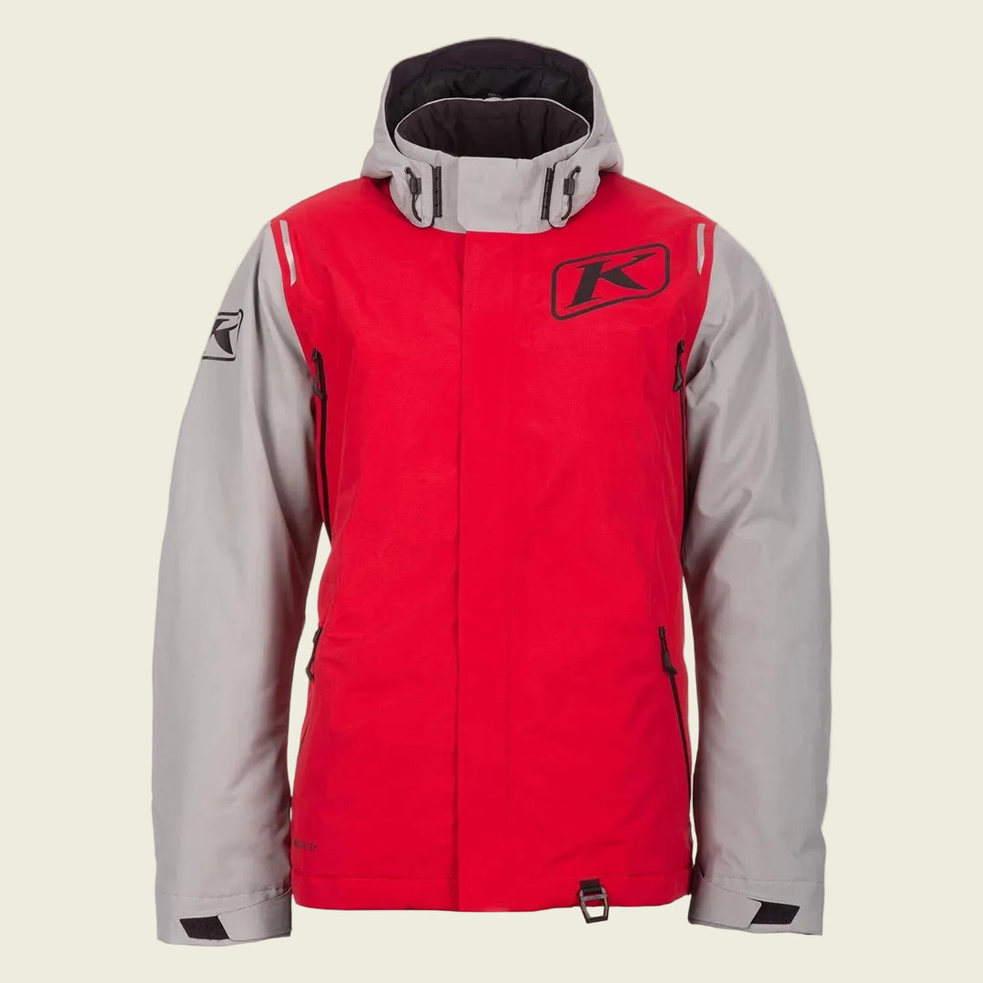 Red and gray jacket with a brand logo on a white background