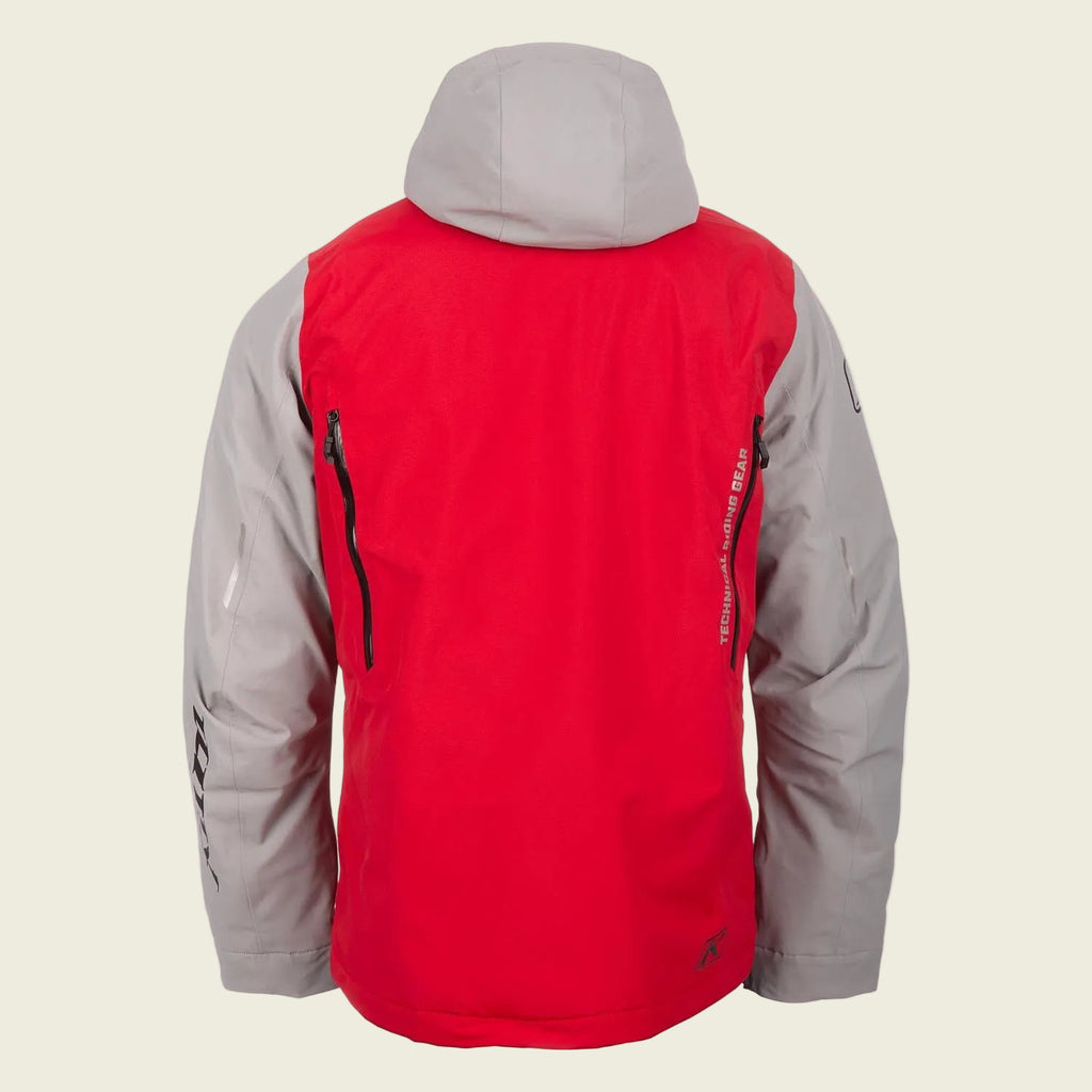 Red and gray jacket with a hood on a white background