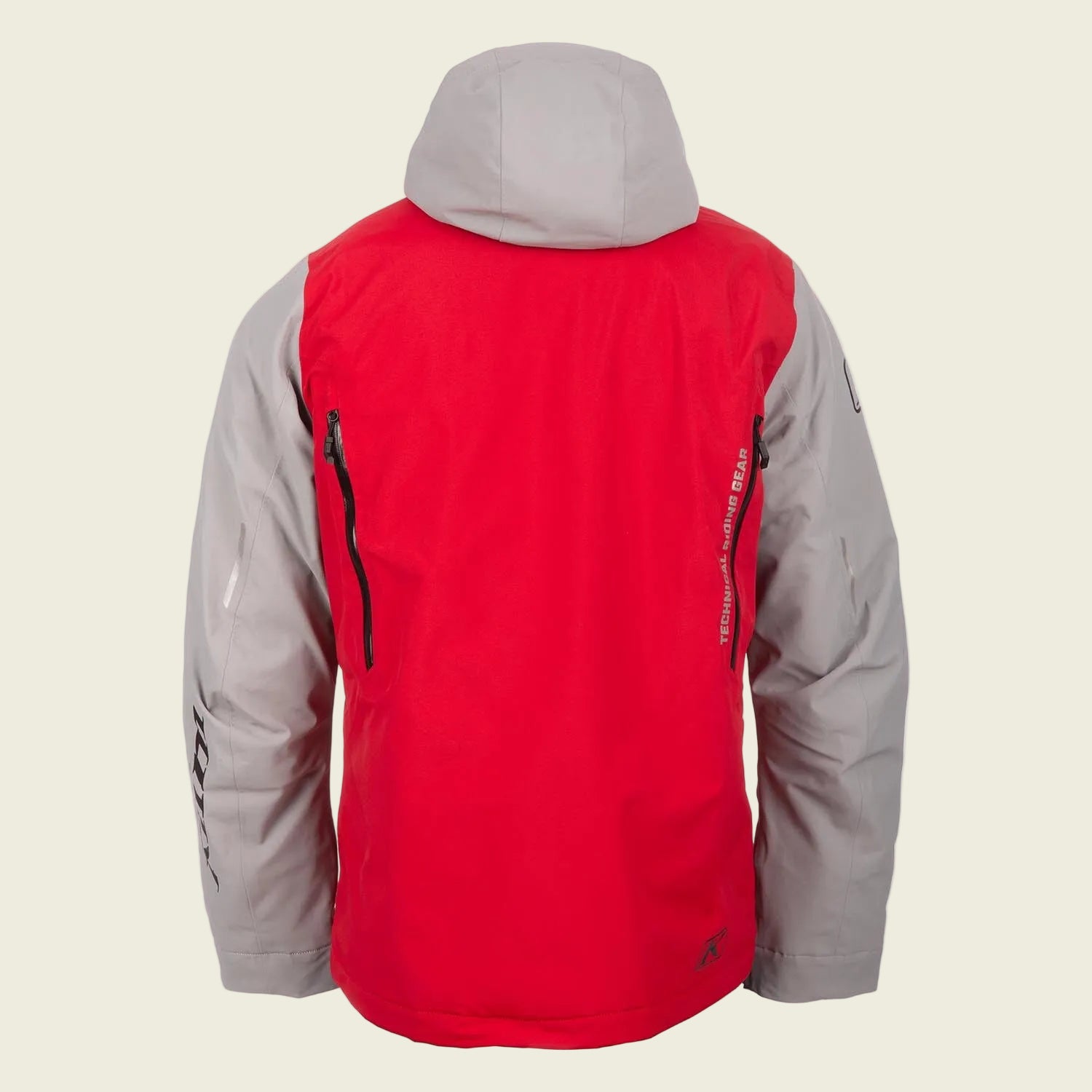 Red and gray jacket with a hood on a white background
