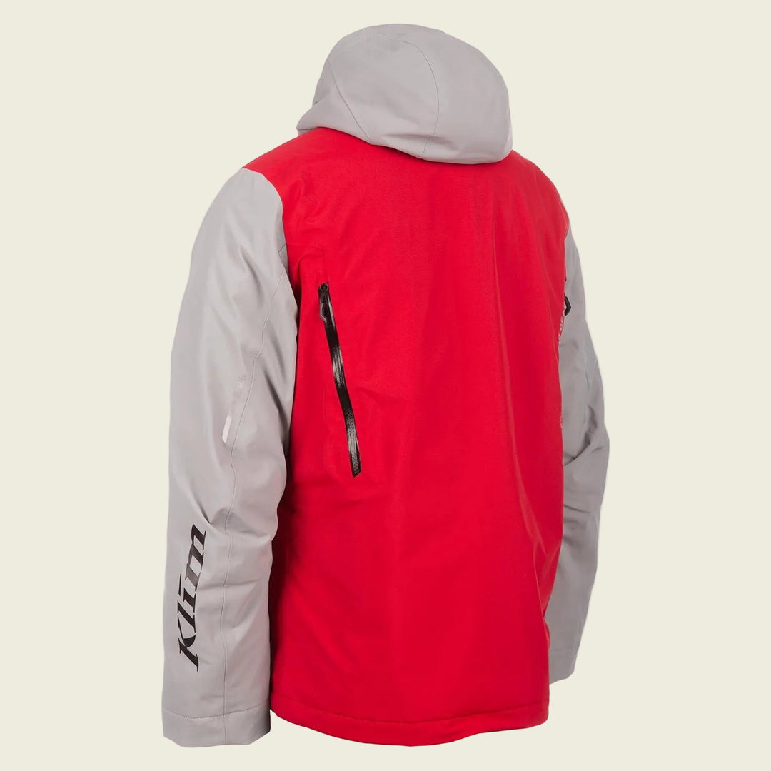 Red and gray jacket with a hood on a white background