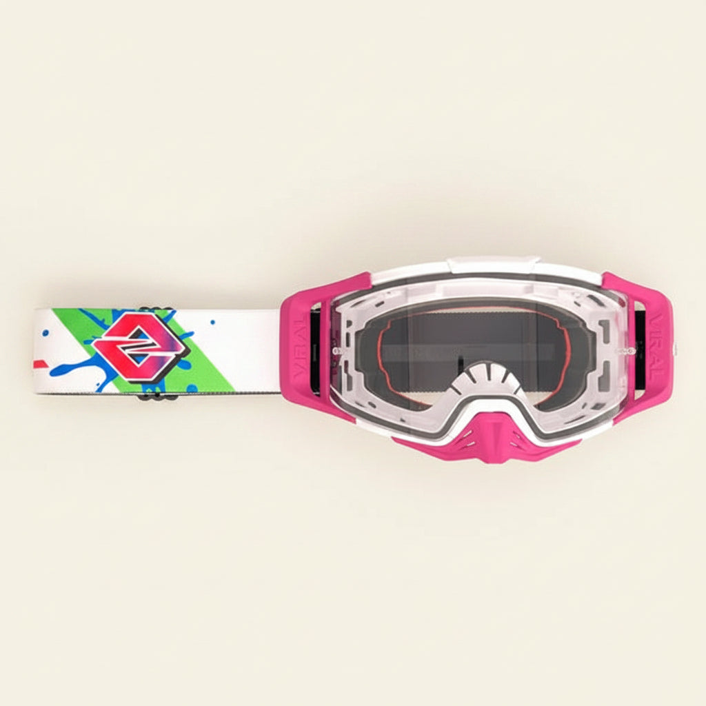 Pink goggles with a colorful strap on a white background