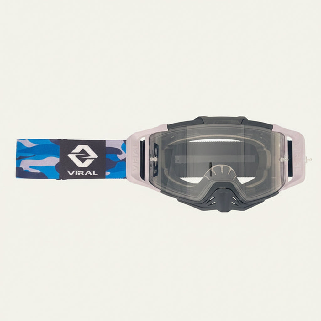 Motocross goggles with blue and black strap on a white background