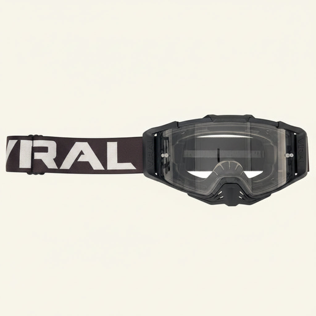 Black goggles with clear lens and 'ERAL' branding on a white background