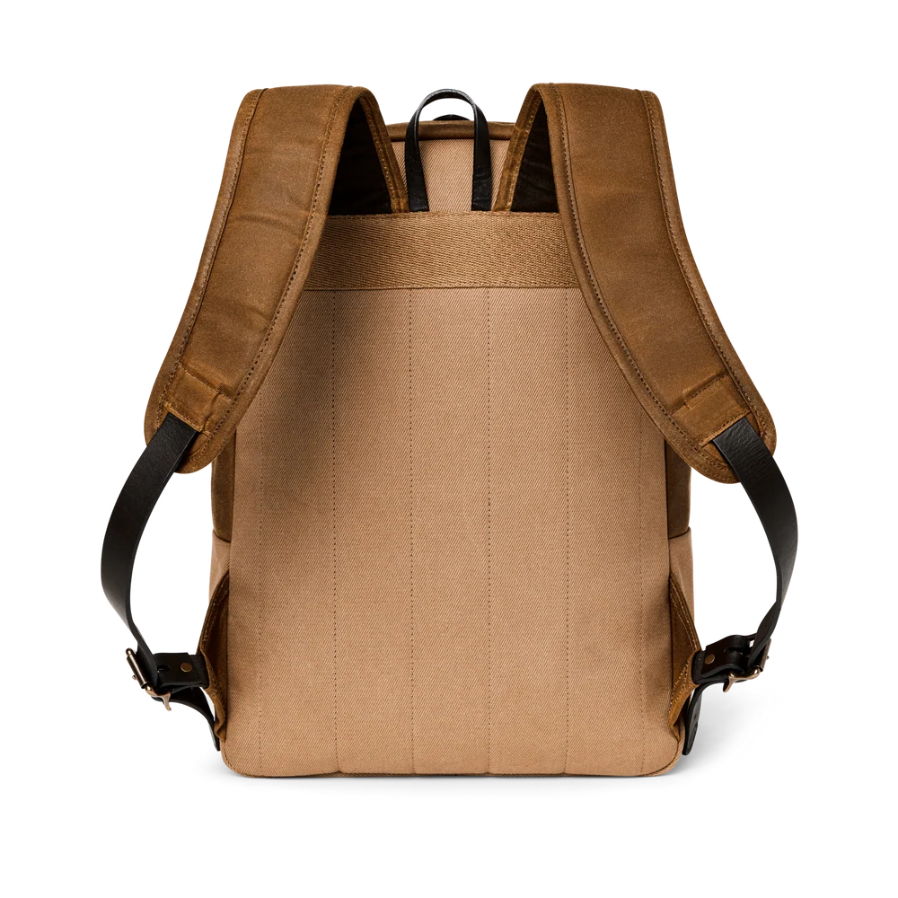 The back view of a brown canvas backpack with padded shoulder straps and black adjustable buckles, shown on a plain white background.