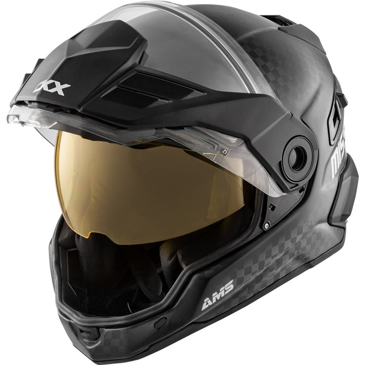 Black motorcycle helmet with gold visor on a white background