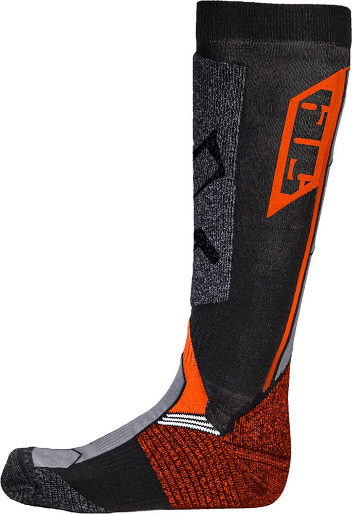 Black, orange, and gray sock with a brand logo on a white background