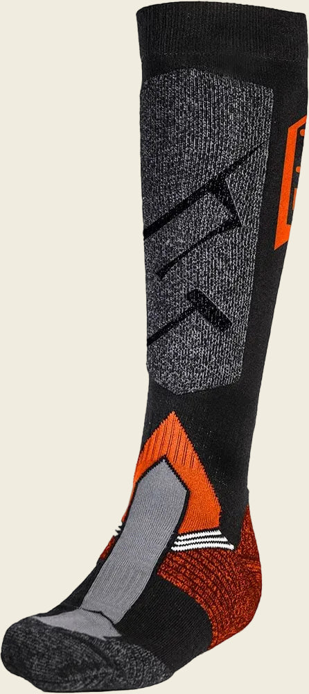 Black, gray, and orange ski sock on a white background