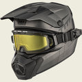 Black and gray helmet with yellow goggles on a white background