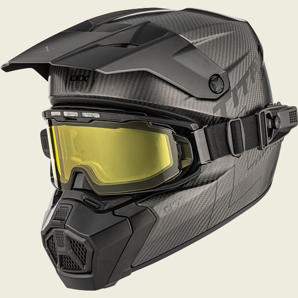 Black and gray helmet with yellow goggles on a white background