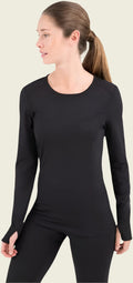 Woman wearing a black long-sleeve top and black pants on a white background
