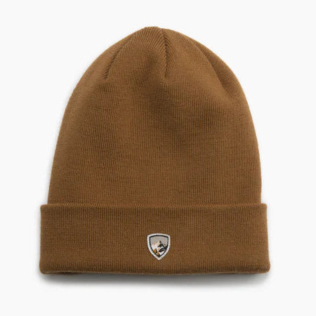Brown beanie with a logo on a white background