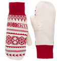 A pair of knit winter mittens shown on a plain white background. One mitten is oriented to show the patterned side, featuring a red cuff, red and cream Fair Isle style bands, and a cream body.