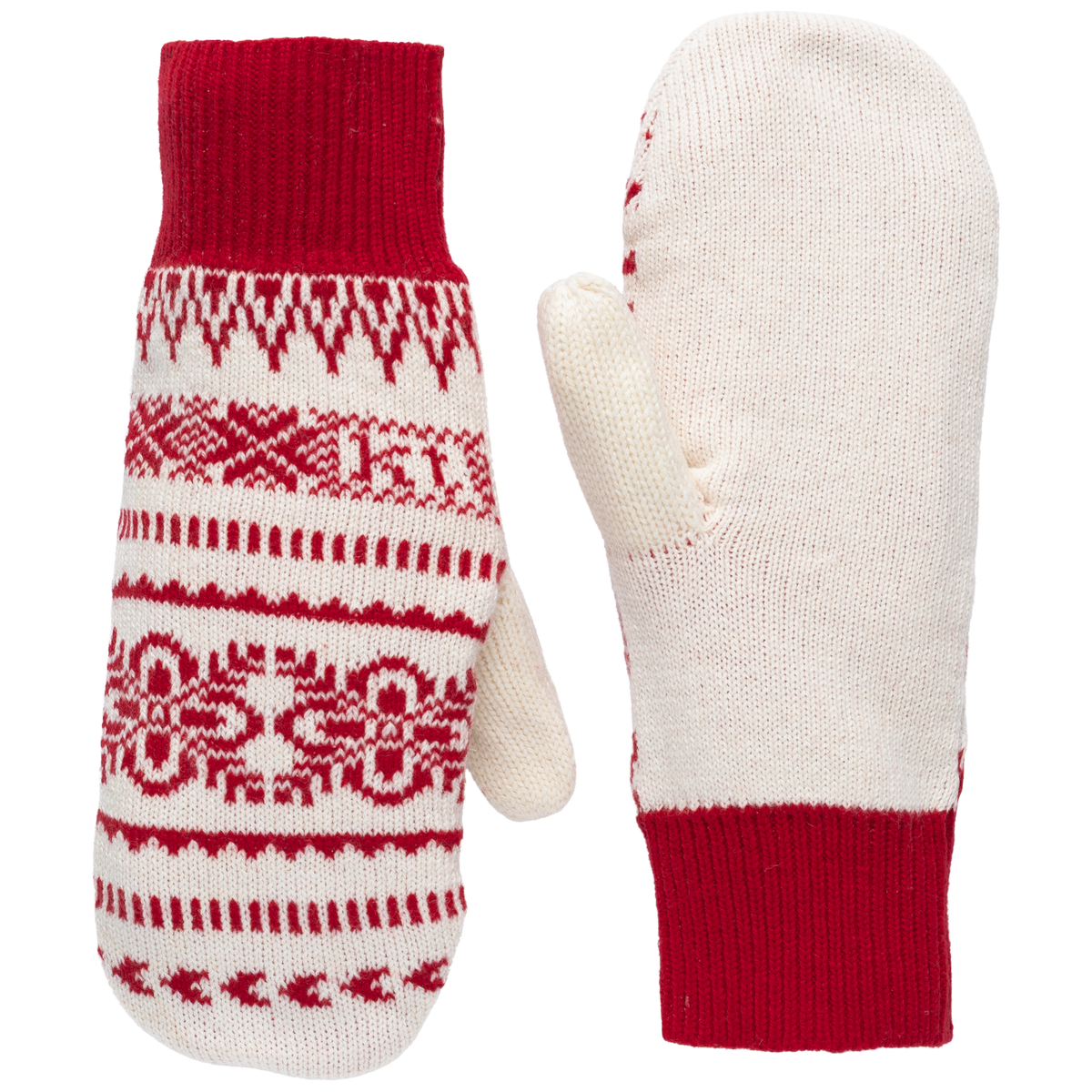 A pair of knit winter mittens shown on a plain white background. One mitten is oriented to show the patterned side, featuring a red cuff, red and cream Fair Isle style bands, and a cream body.