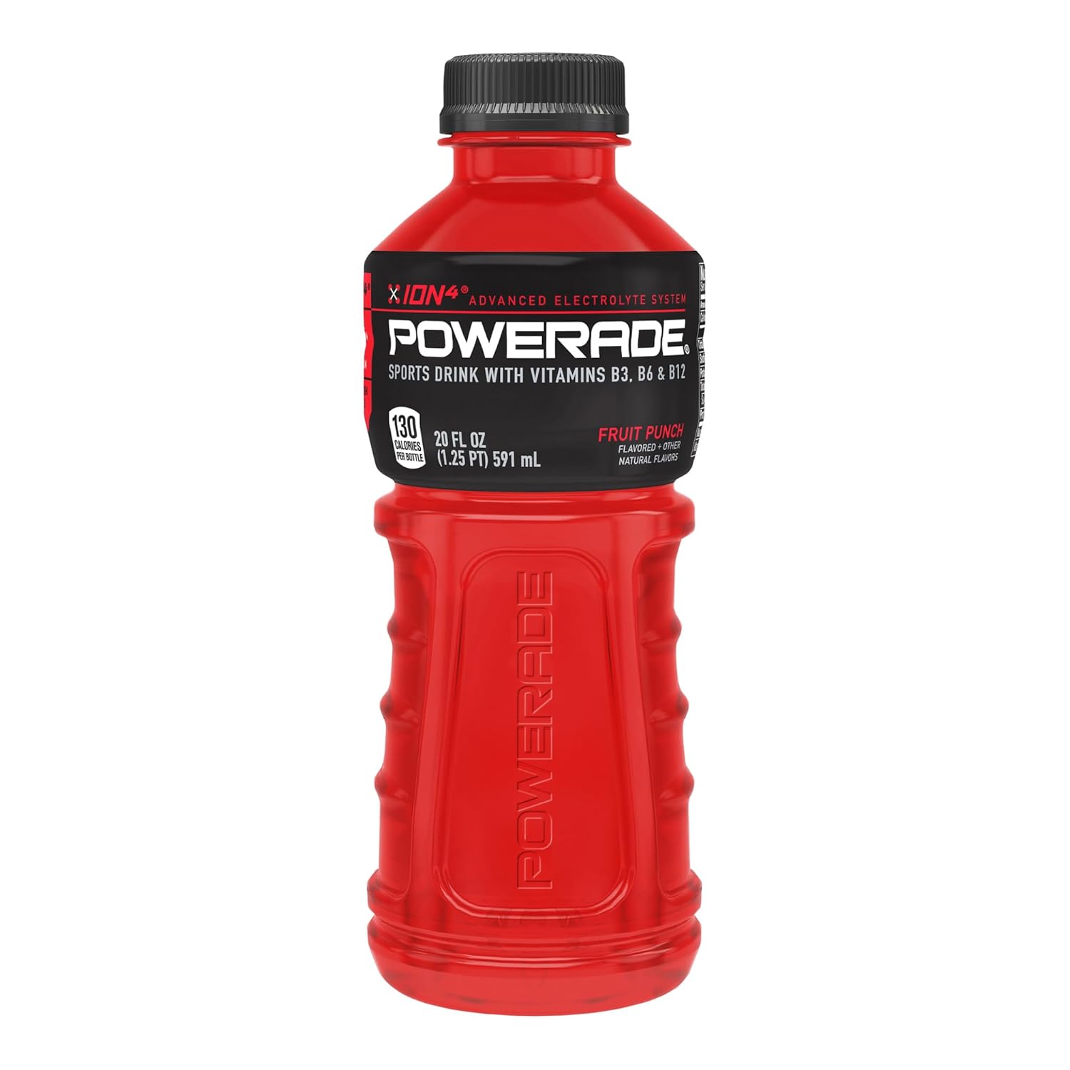 Red Powerade sports drink bottle on a white background