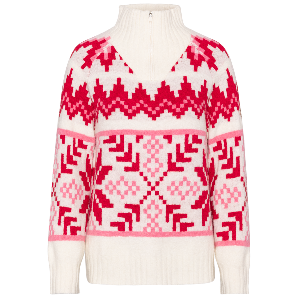 A knit turtleneck sweater with a high collar and front zipper, featuring a white base with red and pink Nordic/Fair Isle patterns across the chest, sleeves, and lower body.