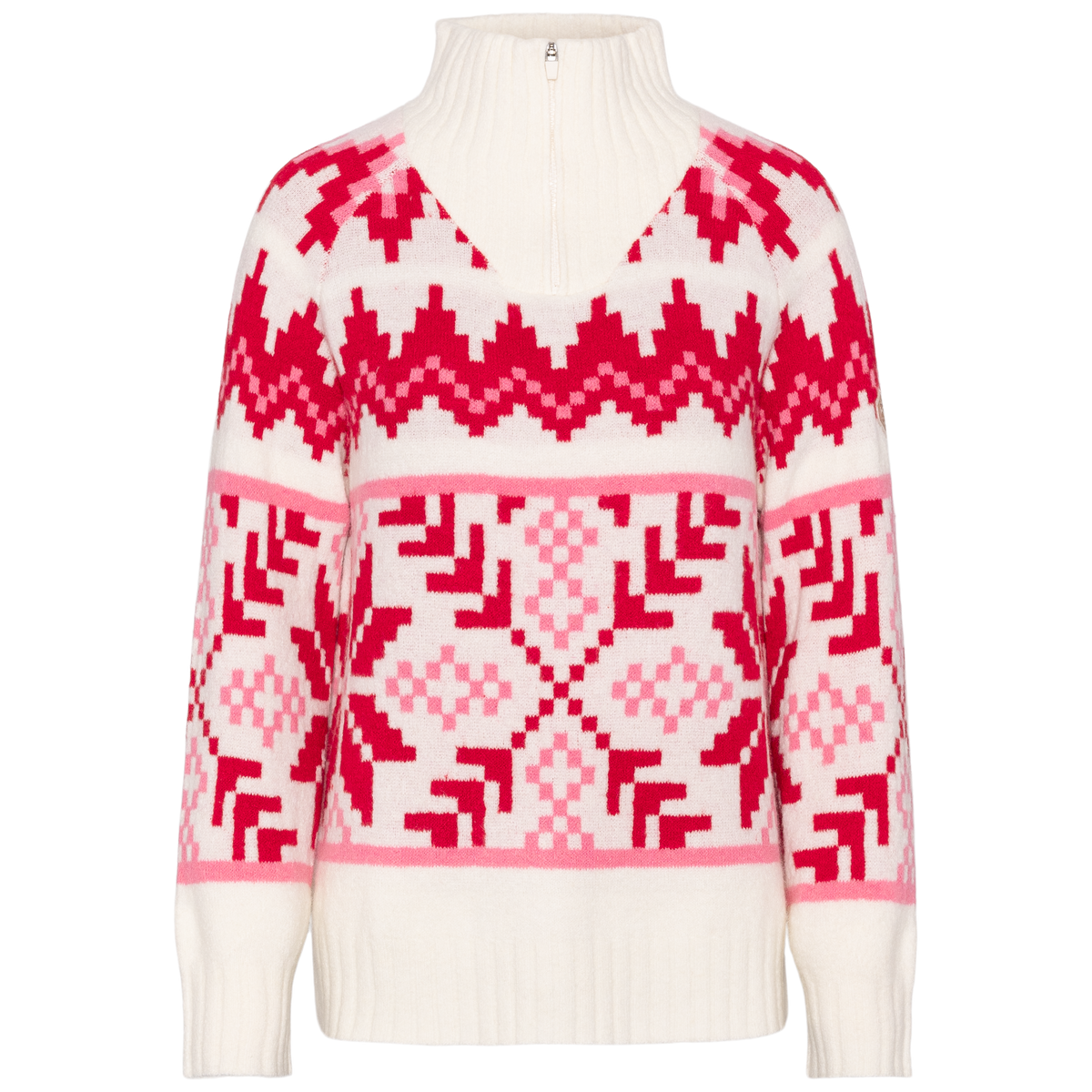 A knit turtleneck sweater with a high collar and front zipper, featuring a white base with red and pink Nordic/Fair Isle patterns across the chest, sleeves, and lower body.