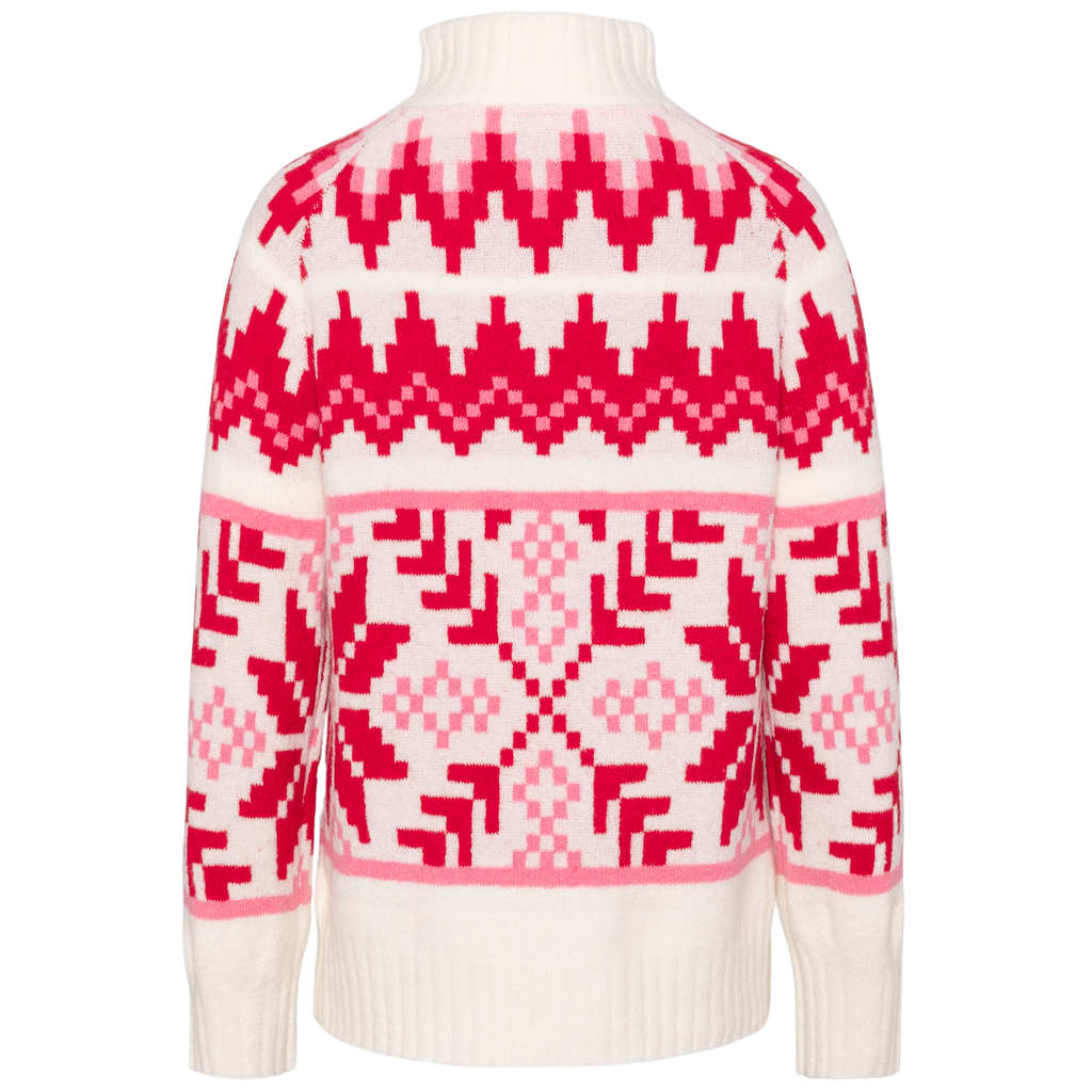 A cream-colored knit sweater with a vibrant red and pink Fair Isle pattern, shown from the back on a solid white background.