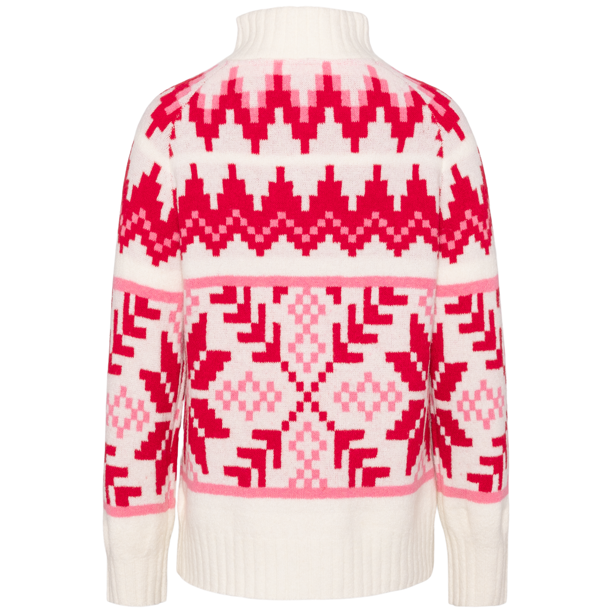 A cream-colored knit sweater with a vibrant red and pink Fair Isle pattern, shown from the back on a solid white background.