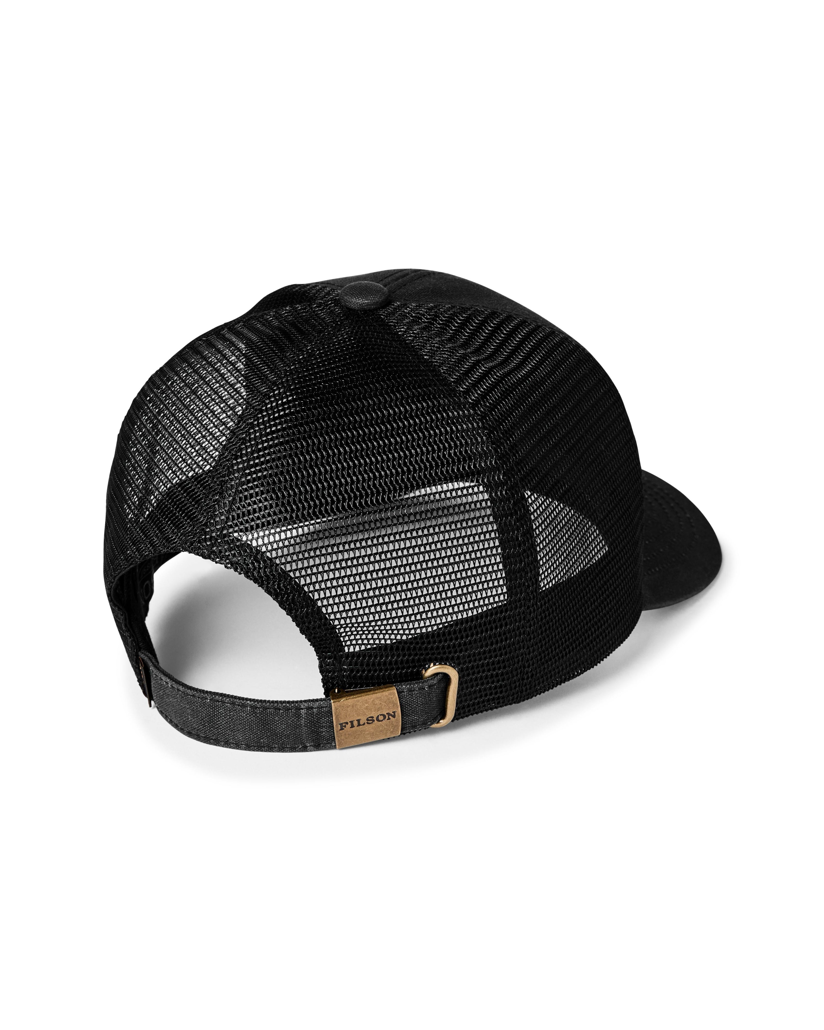 Black mesh cap with a brand logo on a white background