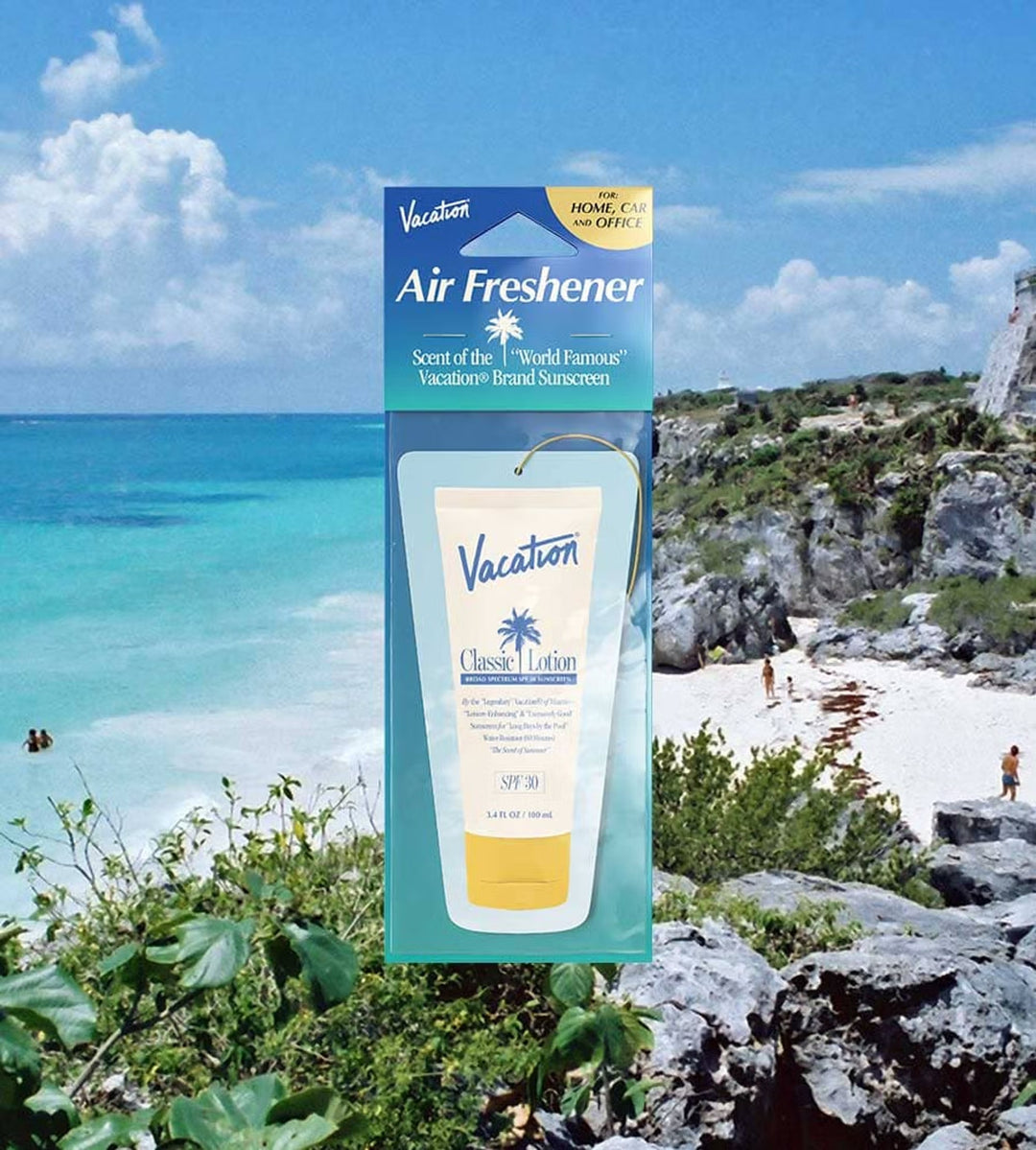 Vacation brand air freshener packaging with a beach background