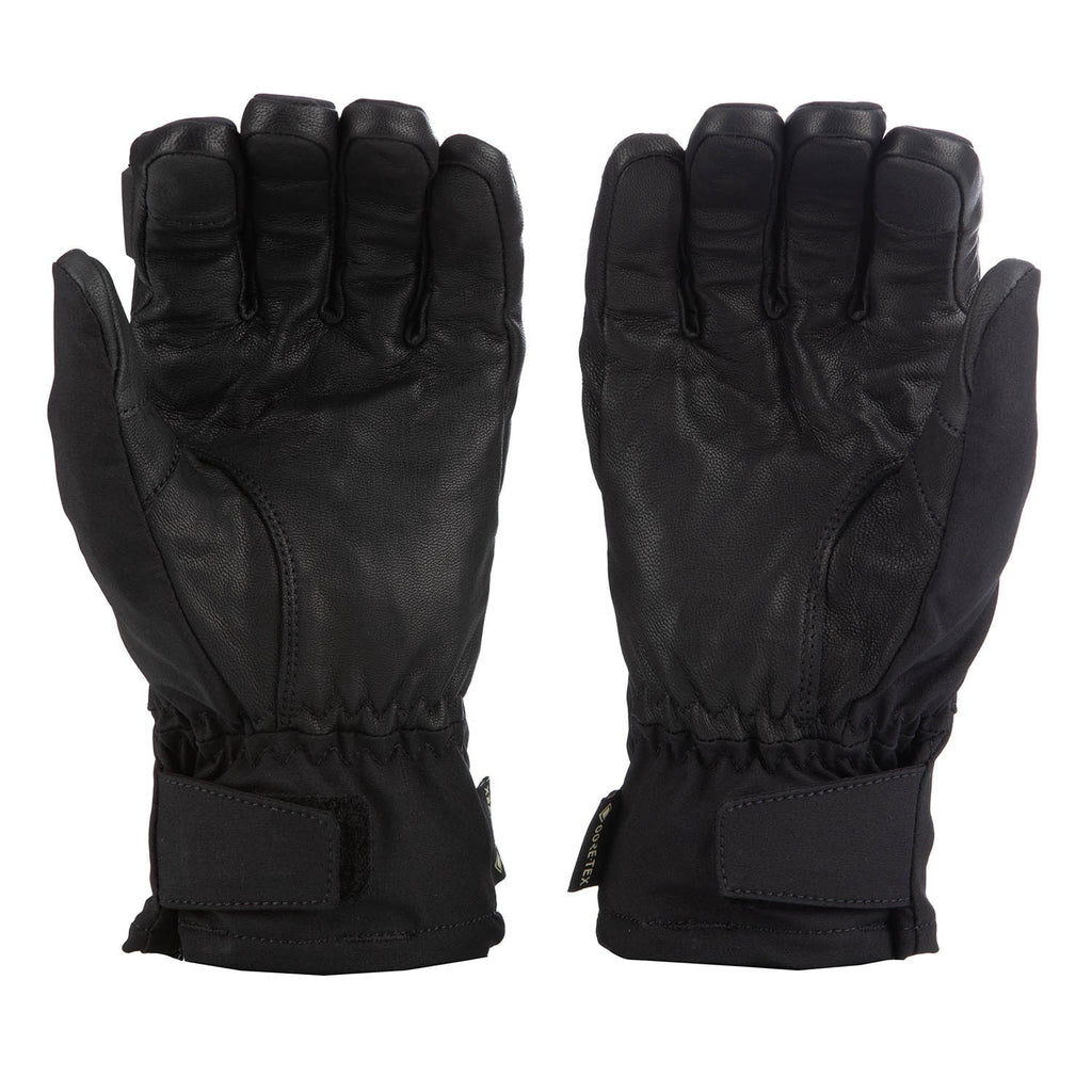 A pair of black leather winter gloves shown flat against a white background, displaying both the back of the left hand and the palm of the right hand.