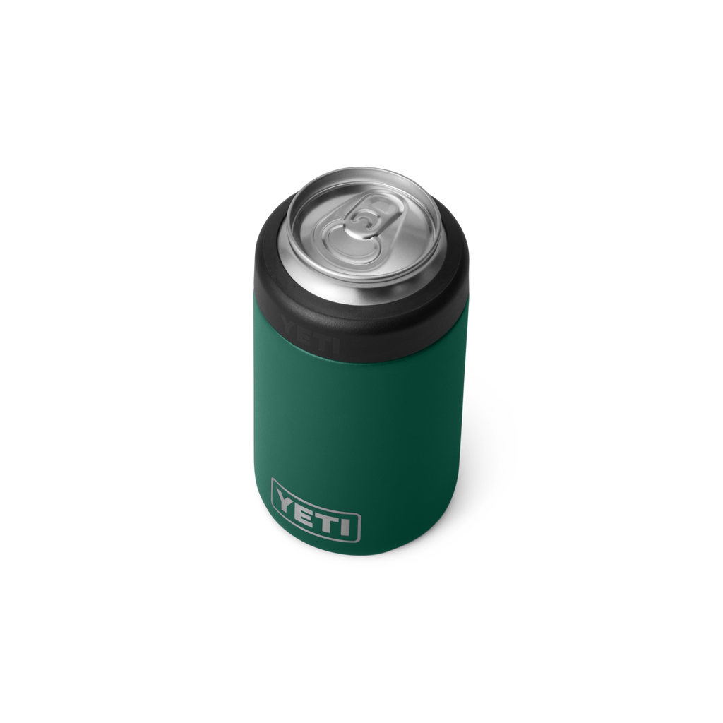 Green YETI can cooler with a silver lid on a white background