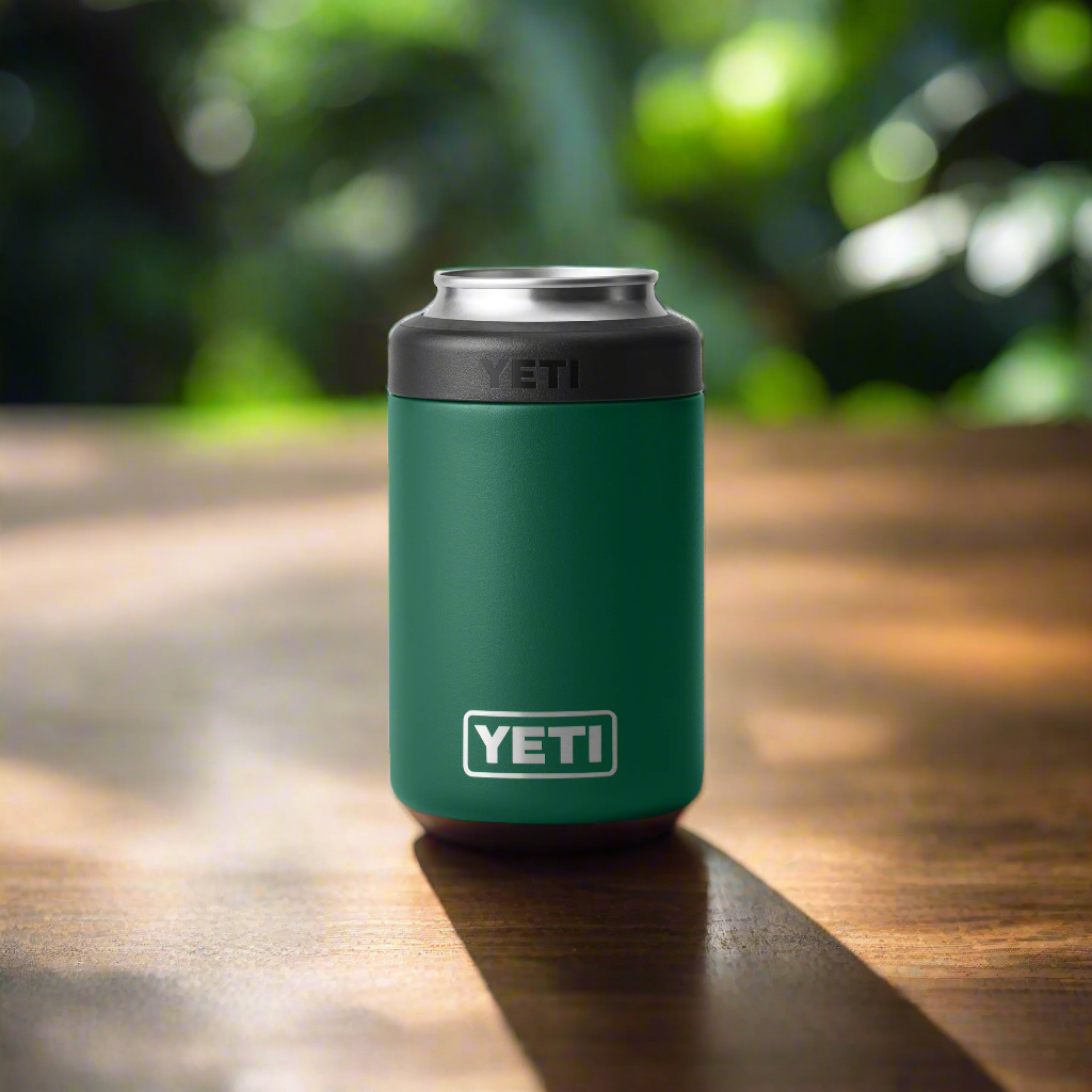 Green YETI can cooler on a wooden surface with a blurred green background