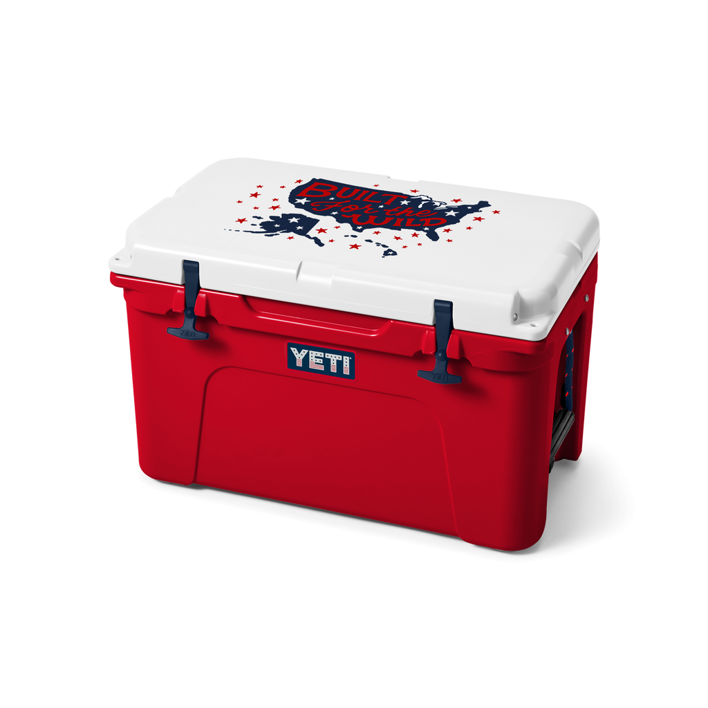 Red YETI cooler with a white lid featuring a graphic design on a white background