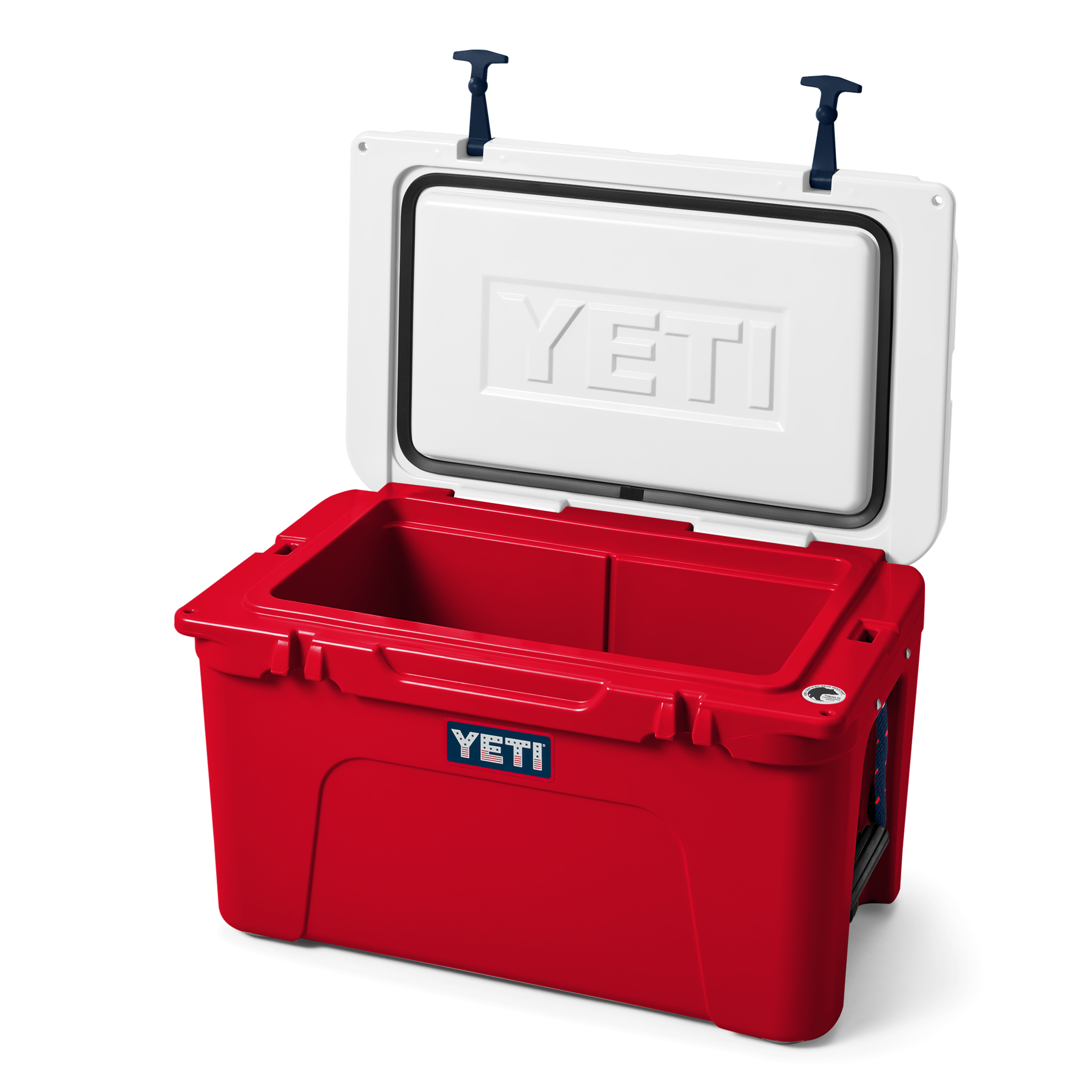 Red YETI cooler with white lid on a white background