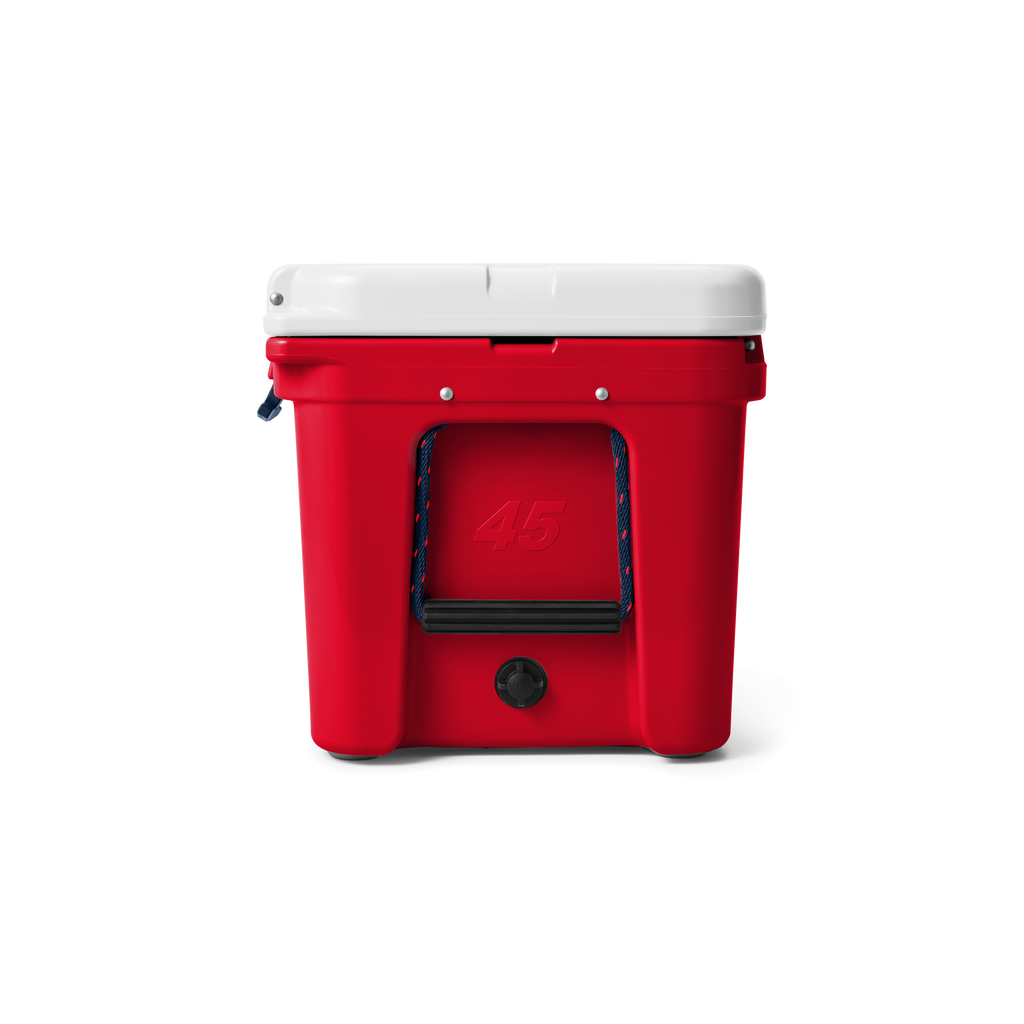 Red cooler box with a white lid on a white background