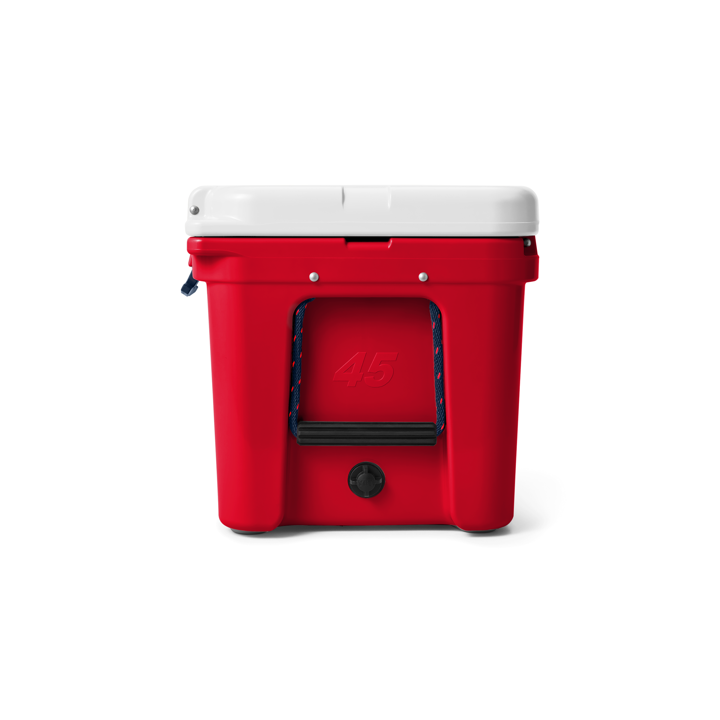 Red cooler box with a white lid on a white background