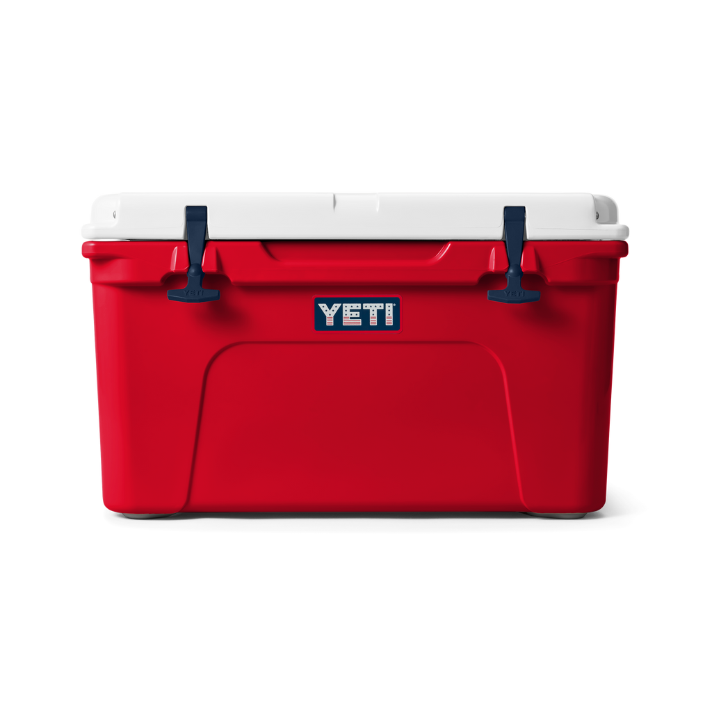 Red YETI cooler with white lid on a white background