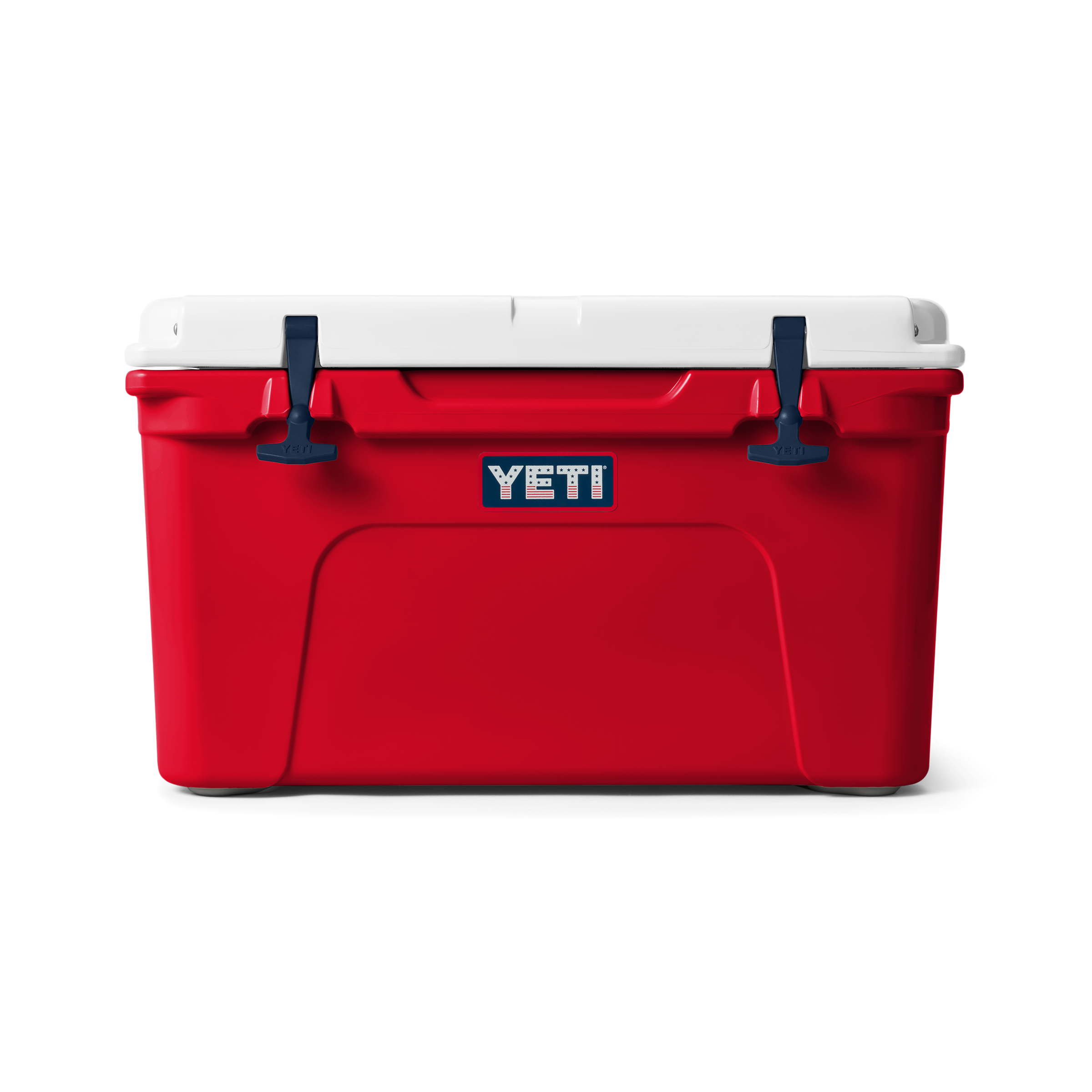 Red YETI cooler with white lid on a white background