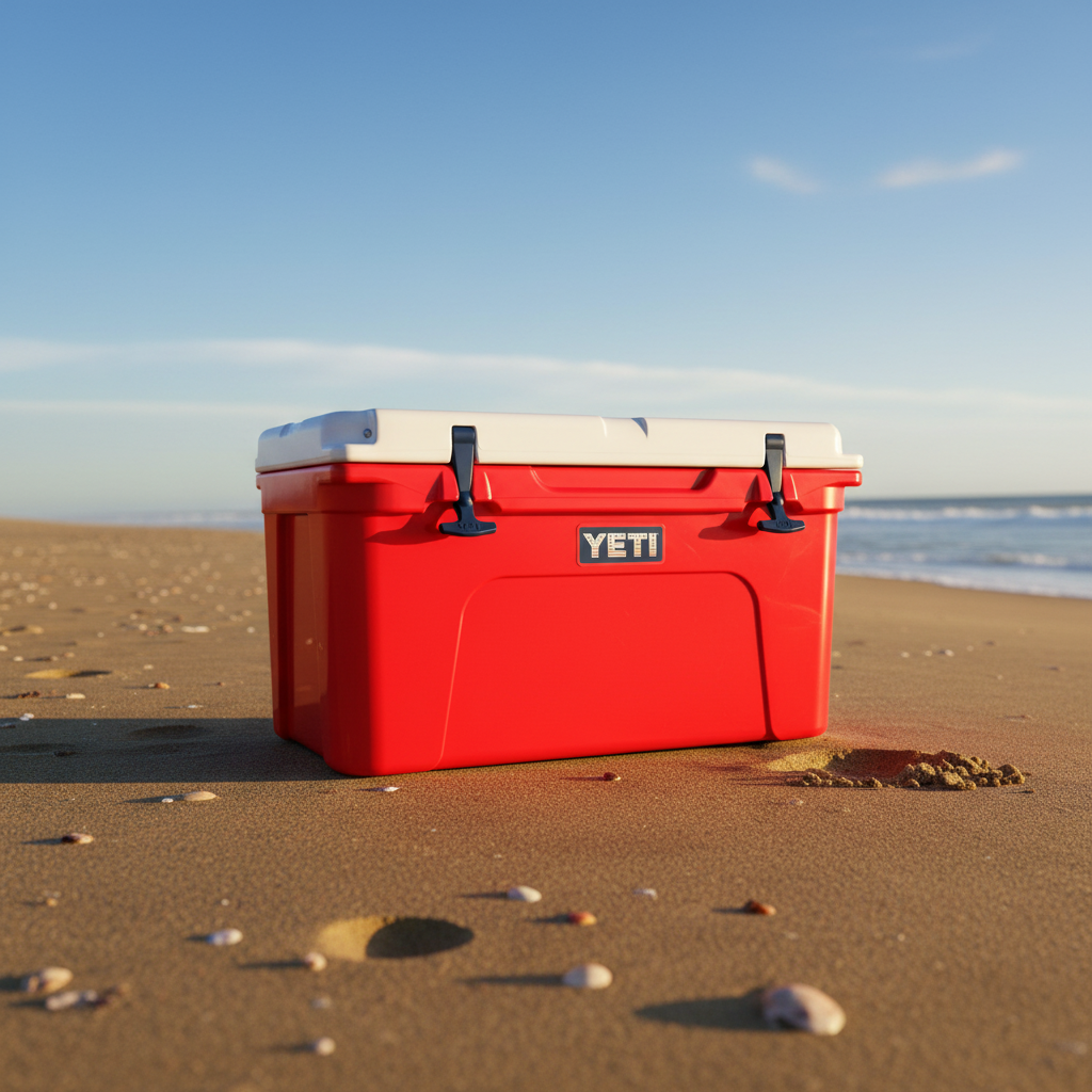 Red YETI cooler on beach background