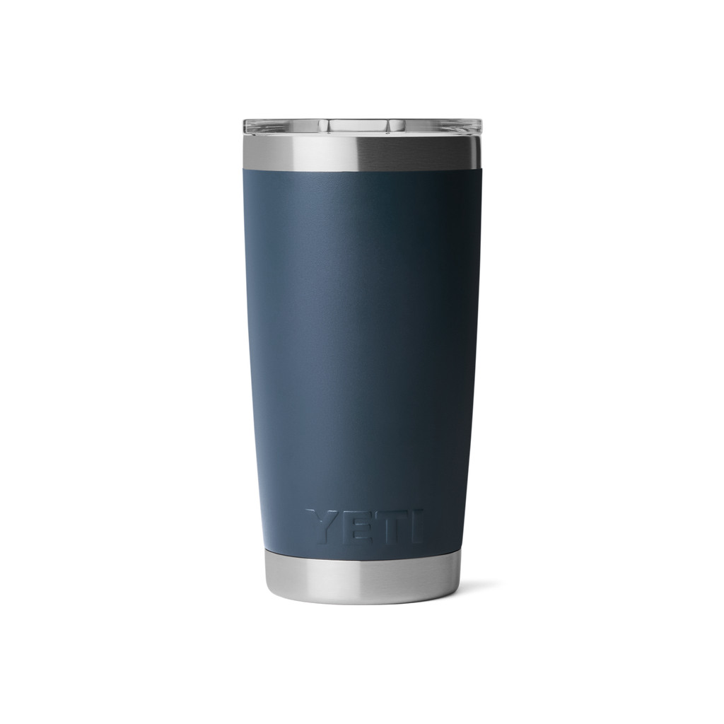 Blue YETI tumbler with a silver lid on a white background