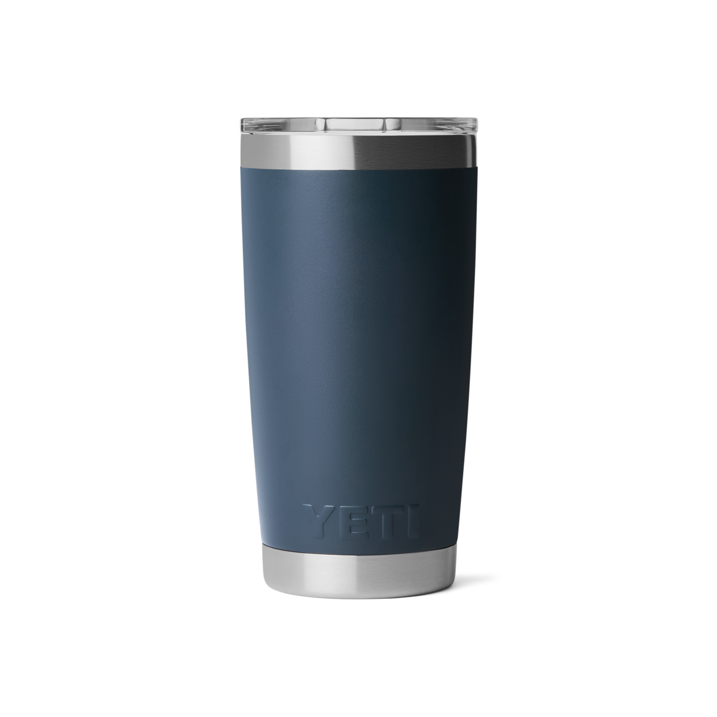 Blue YETI tumbler with a silver lid on a white background