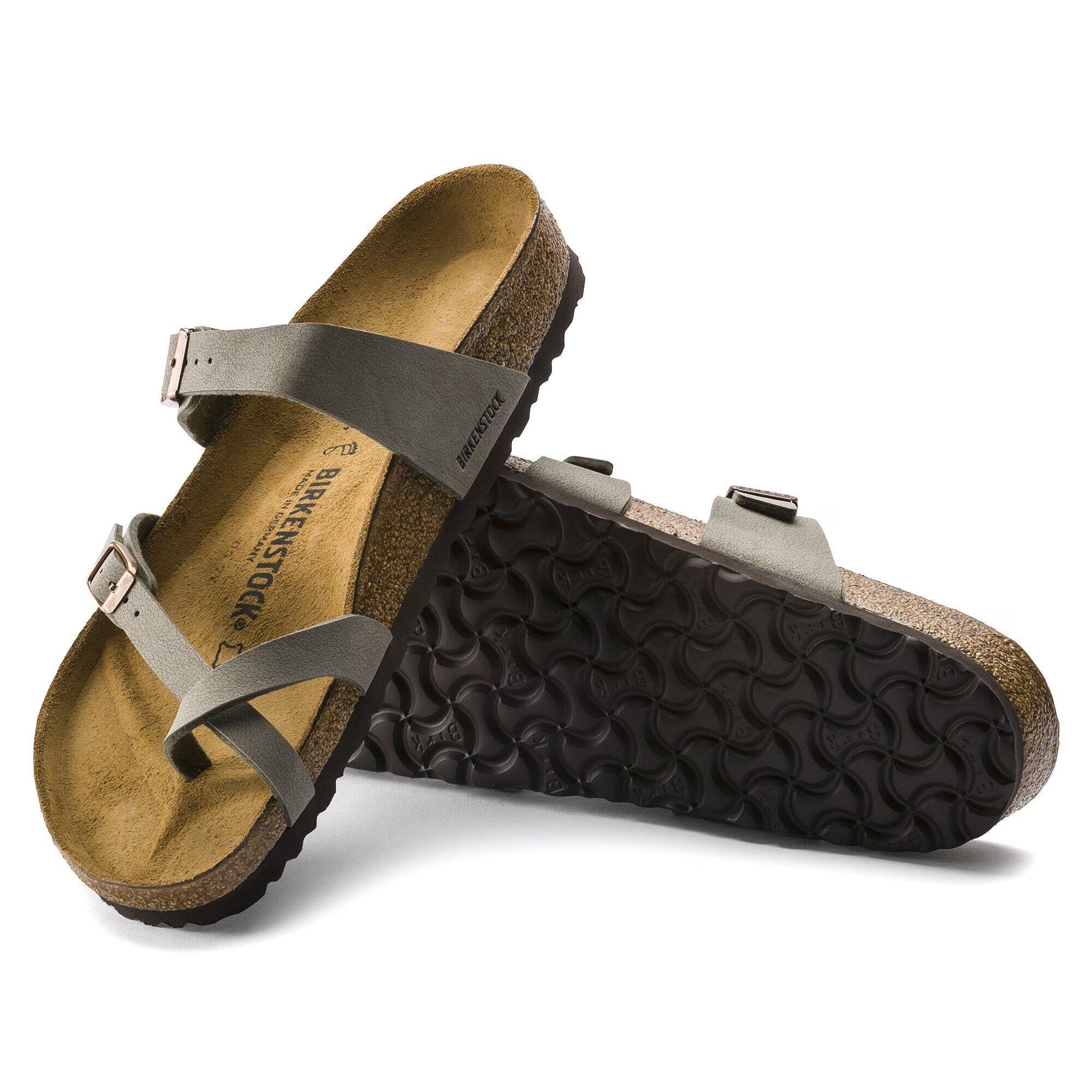 Pair of sandals with a textured sole on a white background
