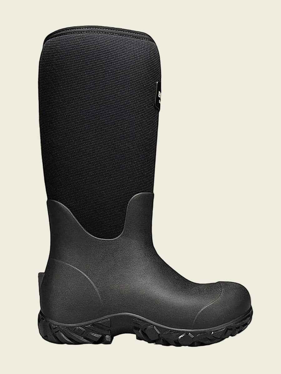 Black rubber boot on a white background