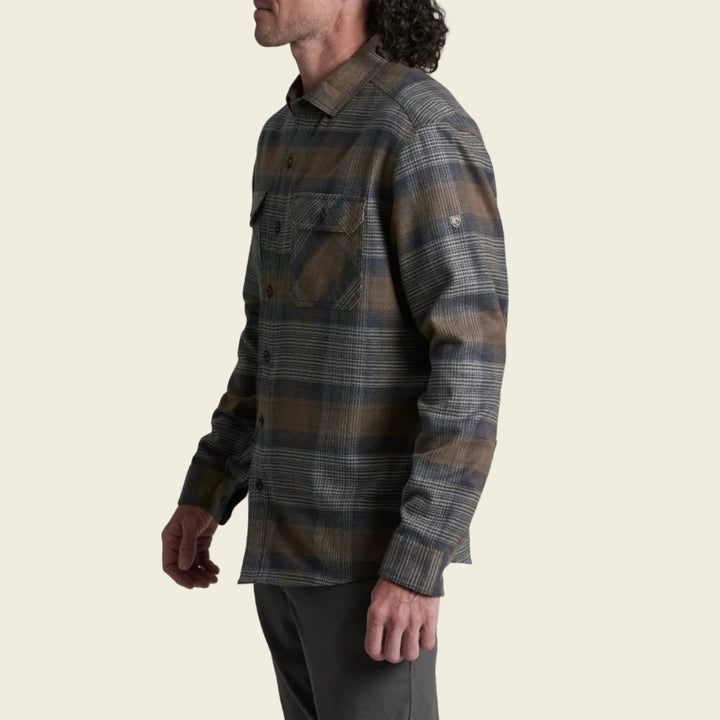 Man wearing a plaid shirt on a white background